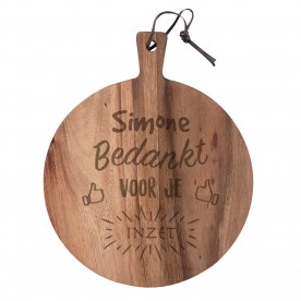 Gepersonaliseerde snijplank | Ronde serveerplank teakhout met handvat graveren | 25 cm