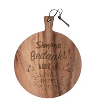 Gepersonaliseerde snijplank | Ronde serveerplank teakhout met handvat graveren | 25 cm